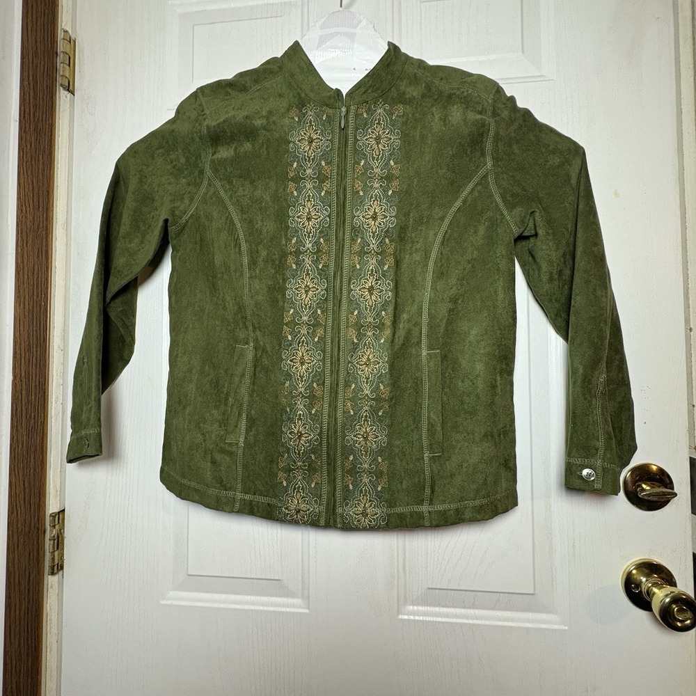 Erika Long Sleeve Light Jacket Olive Green Embroidered Med Cottage Core Full Zip